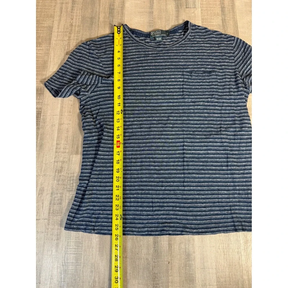Vtg Polo Ralph Lauren Mens Blue Striped Linen Cotton Pocket T-Shirt Large Thin